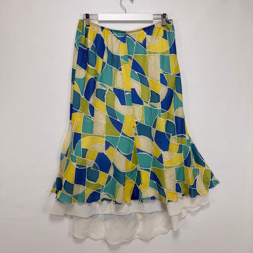 Ashley Stewart Abstract Geometric Midi Skirt 14 Blue Green Yellow High Low